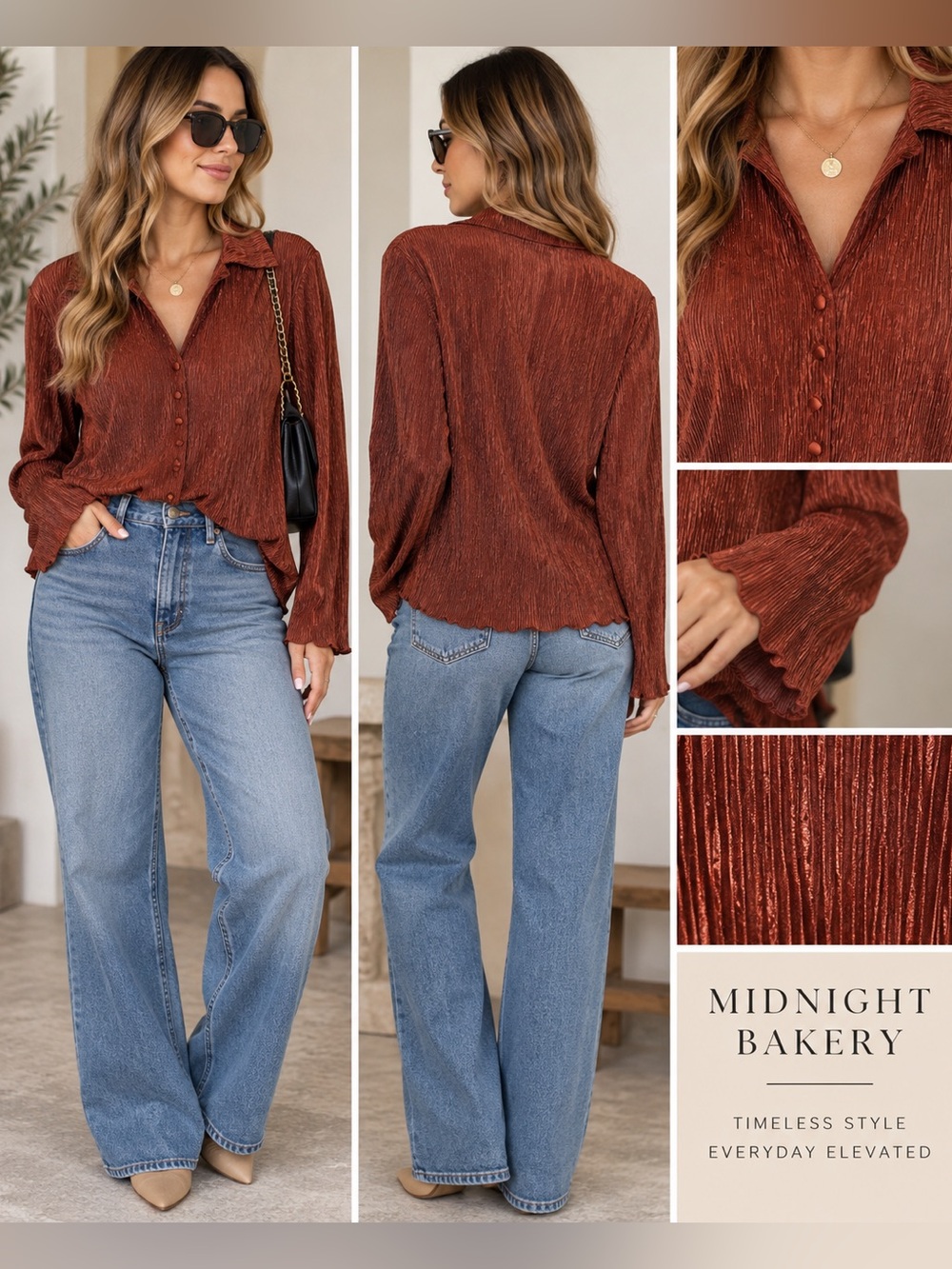 Midnight Bakery Rust Copper Pleated Button-Up Blouse Size Medium